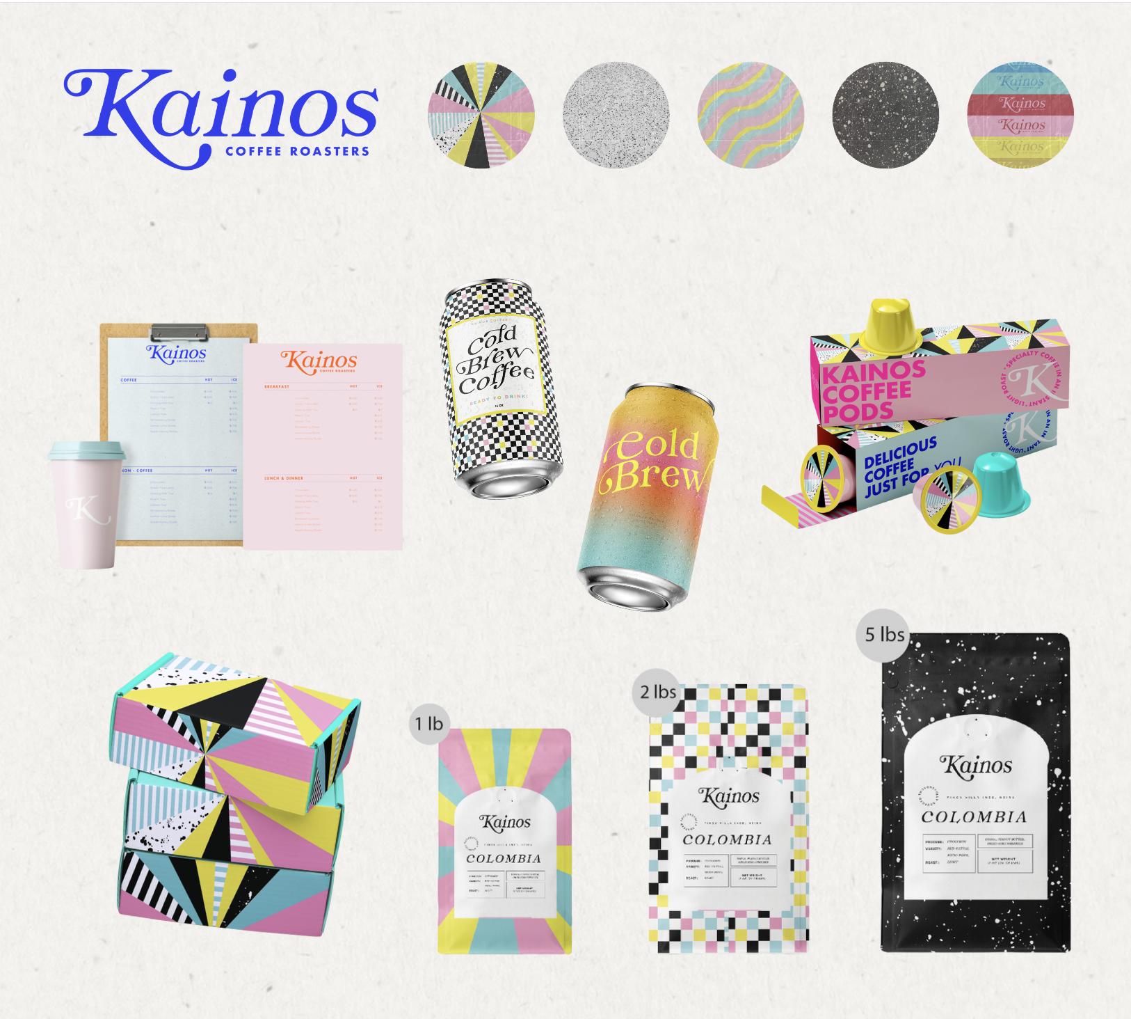 Assorted coffee products and packaging from Kainos Coffee Roasters including cans, coffee pods, coffee bags, a coffee cup, and colorful packaging designs.
