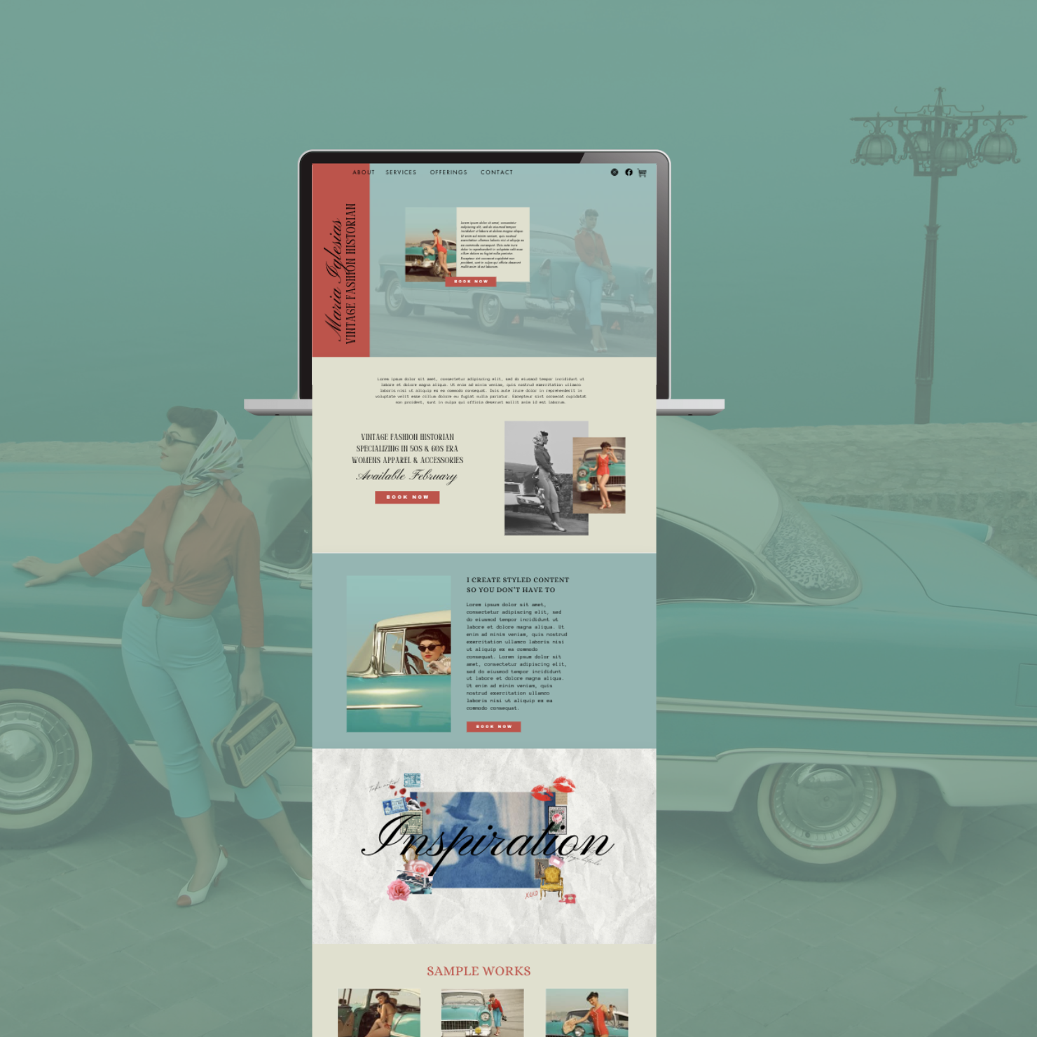 A vintage-inspired website displayed on a laptop, with a background of a woman in retro clothing leaning against a classic car at a seaside location.