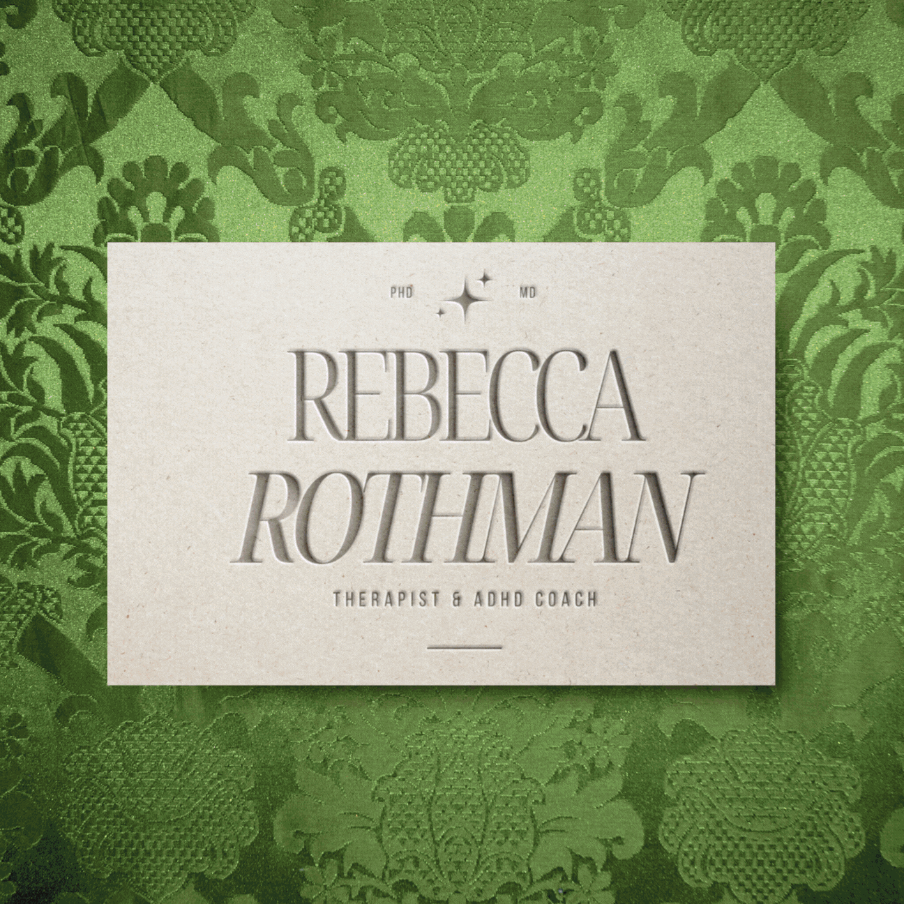 Business card for Rebecca Rothman, a therapist and ADHD coach, on a green textured fabric background with a floral pattern.