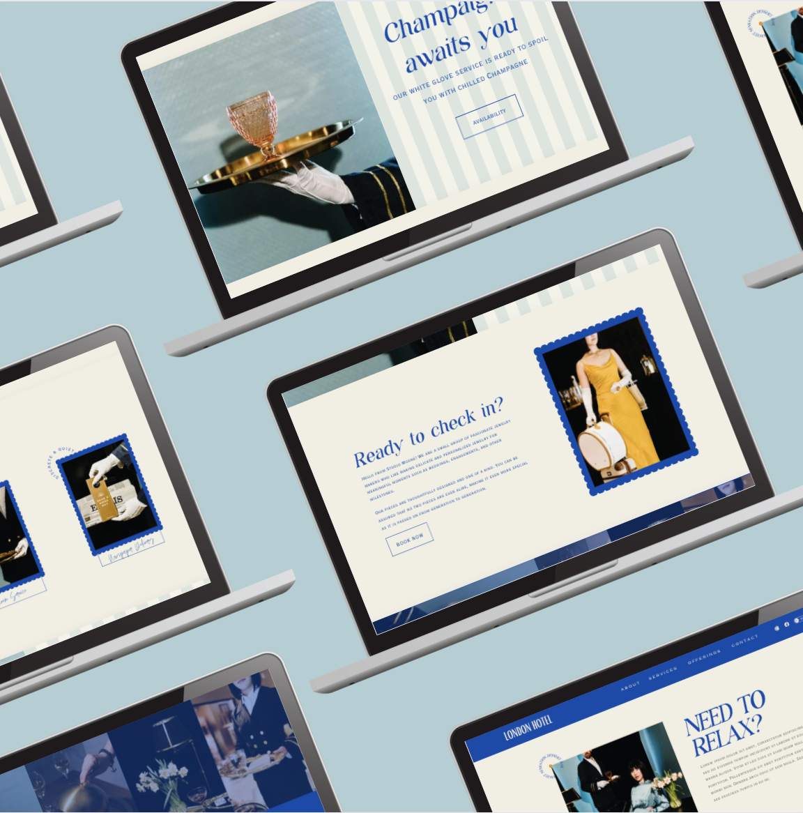 Multiple laptops displaying hotel and luxury service websites with images of champagne, a woman in a yellow dress, and staff in uniform, set against a light blue background.