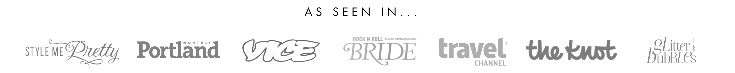 Collection of logos from various publications and brands including Style Me Pretty, Portland Monthly, Vice, Bride, Travel Channel, The Knot, and Glitter & Bubbles.