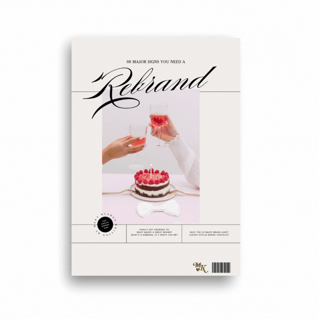 Magazine cover titled '8 Major Signs You Need a Rebrand' featuring two people toasting with drinks and a birthday cake with a lit candle.
