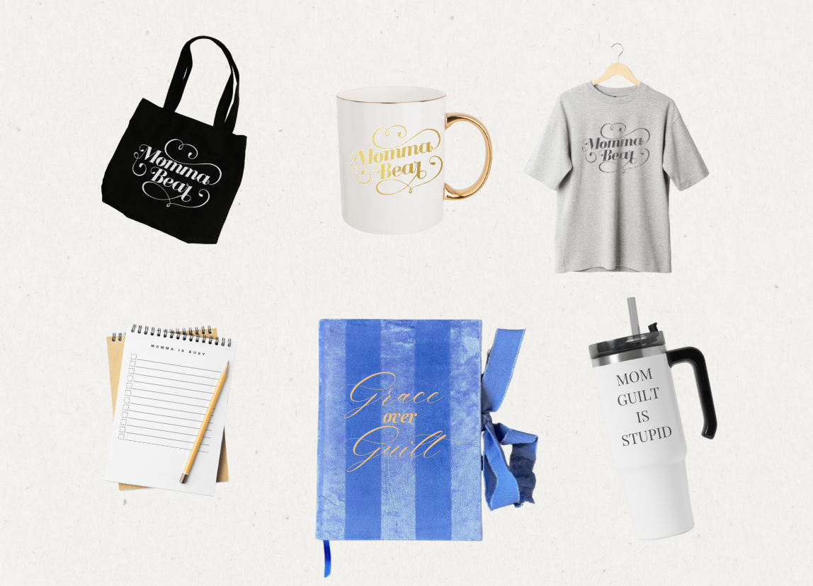 Collection of items with messages about motherhood, guilt, and grace, including a black tote bag, a white mug with gold accents, a gray T-shirt, a notepad with a yellow pencil, a blue gift box with a ribbon, and a white tumbler with a straw.