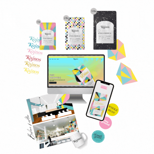 Display of colorful packaging, branded merchandise, and merchandise mockups for Kaimos Colombia, including packages labeled 1 lb, 2 lbs, and 5 lbs, a branded computer screen and smartphone showing the logo, branded coffee mugs, and a desk setup with branding decor.