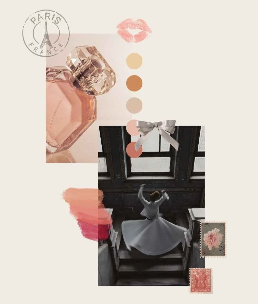 Collage with perfume bottle, pink lipstick kiss mark, watercolor brush strokes, a ribbon tied in a bow, a woman in a white dress spinning on a staircase, and vintage Eiffel Tower and postage stamp graphics.