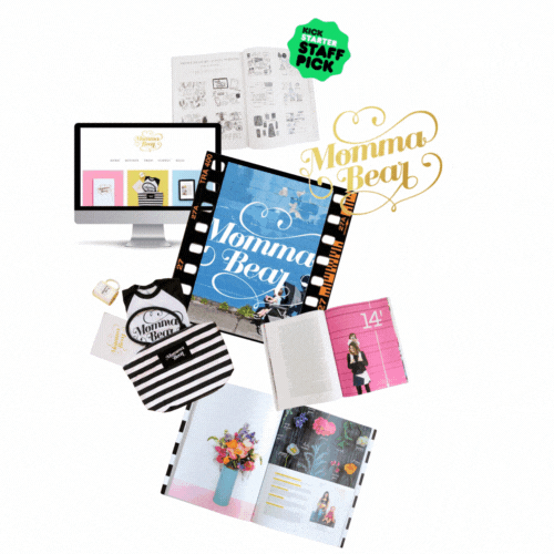 Collection of promotional and branded materials for Momma Bear, including a computer screen, printed papers, a film strip frame, a tote bag, a 14-inch measurement chart, and a photo book, with a green Kickstarter staff pick badge.