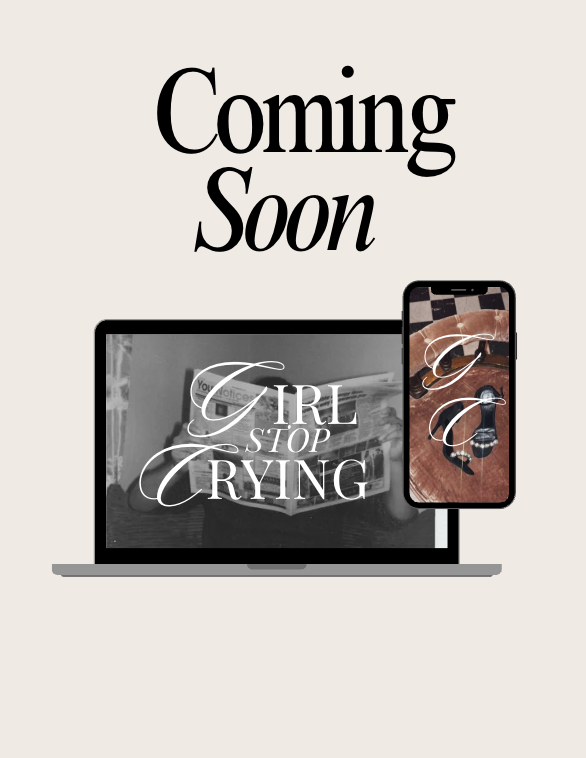 Graphic with the text 'Coming Soon' and an illustration of a laptop and smartphone displaying a black-and-white photo of a girl with the message 'Girl Stop Crying'.