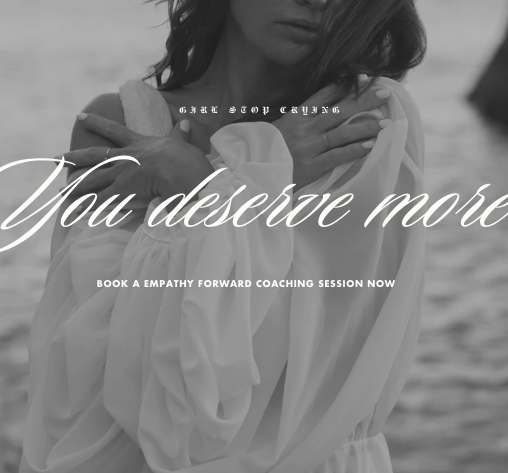 Black-and-white photo of a woman with arms crossed, encouraging self-love with text overlay: 'You deserve more.'