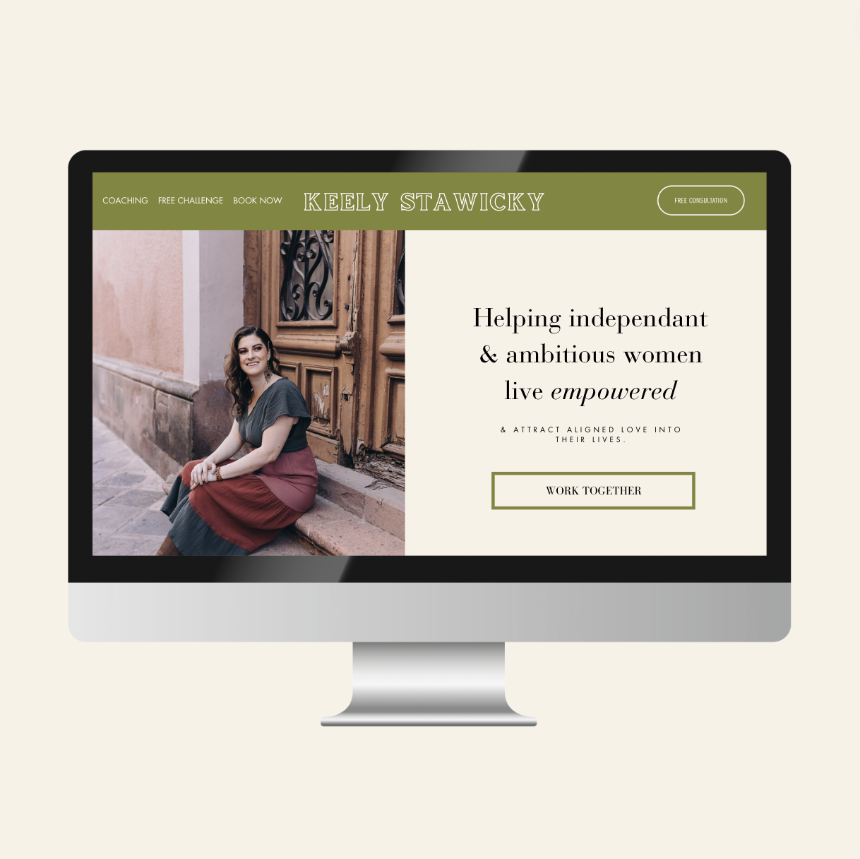 Website homepage for Keely Stawicky, coaching services for independent ambitious women, featuring a woman sitting on steps outside with a wooden door in the background.