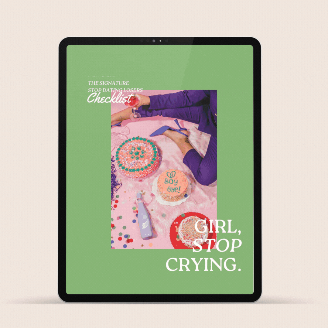 A digital device displaying a birthday celebration scene with decorated cakes, party items, and a person's hand holding a glass. Text on the screen reads, 'The signature stop dating losers checklist' and 'Girl, stop crying.'