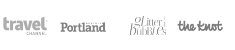 Logos of Travel Channel, Portland Monthly, Glitter and Bubbles, and The Knot.