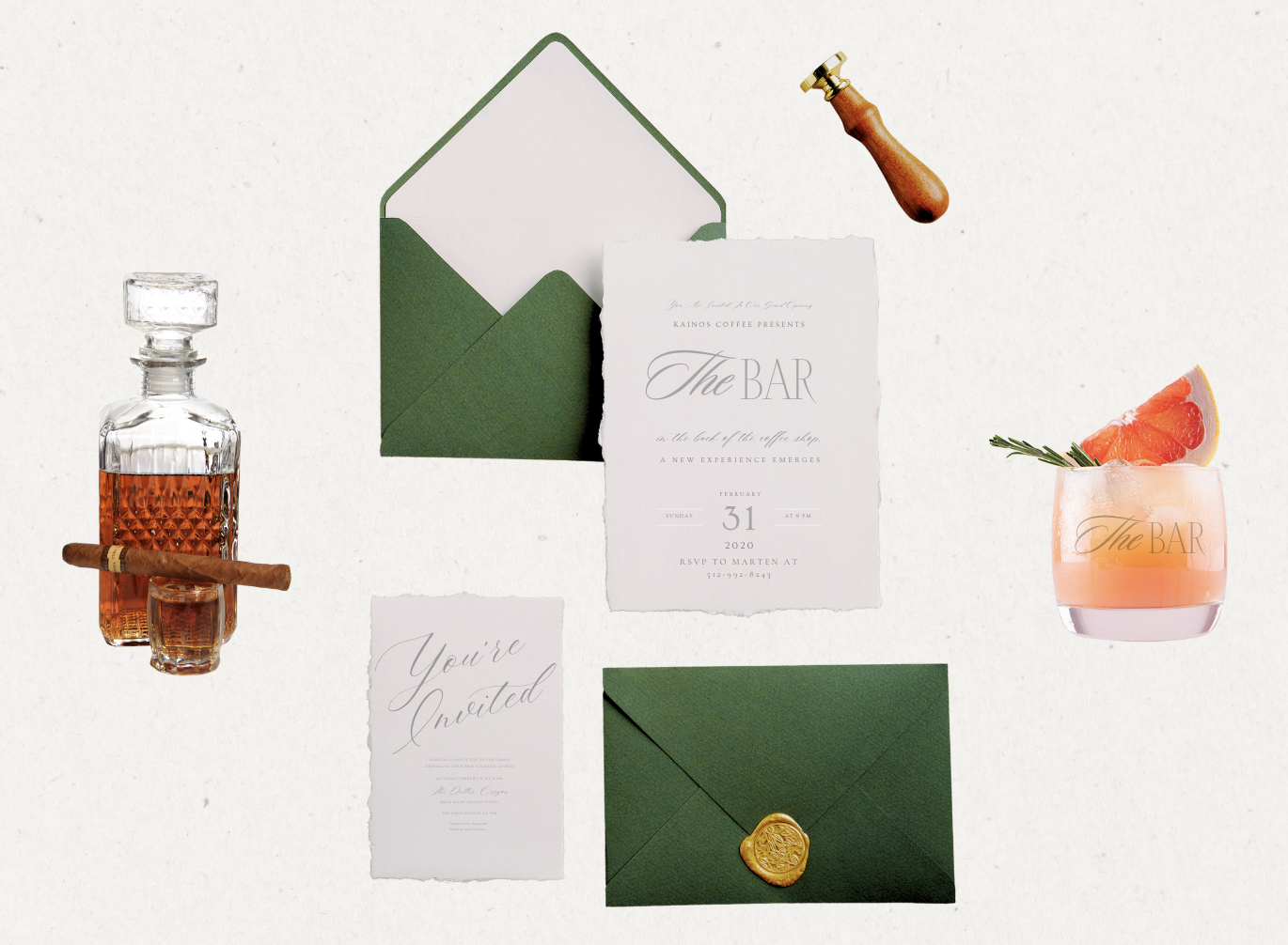 Invitation and accessories for a bar event, including a green envelope, a card with event details, a glass of pink cocktail with grapefruit garnish, a decanter of whiskey with a cigar, and a wax-sealed green envelope with a note that says 'You're Invited.'