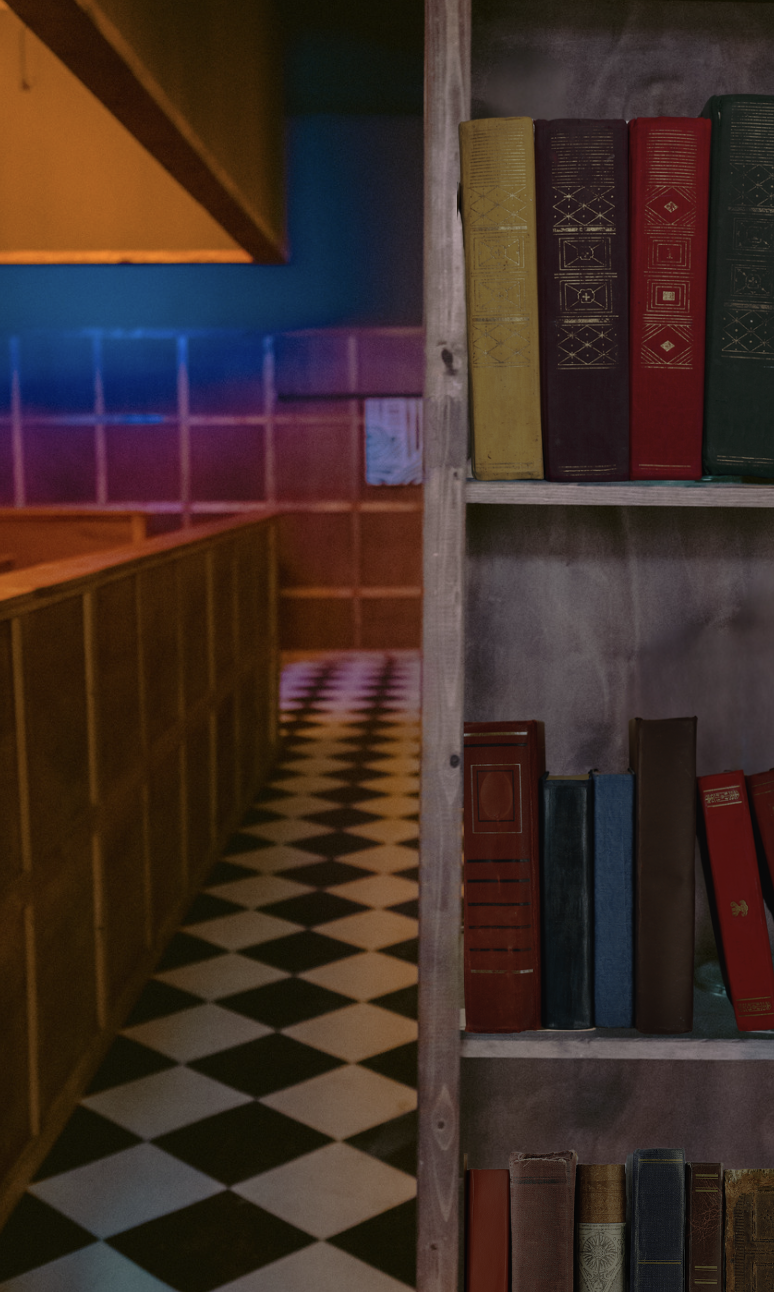 A collage showing a corner of a library with bookshelves and a corridor with wooden cabinets and a black and white checkered tile floor.