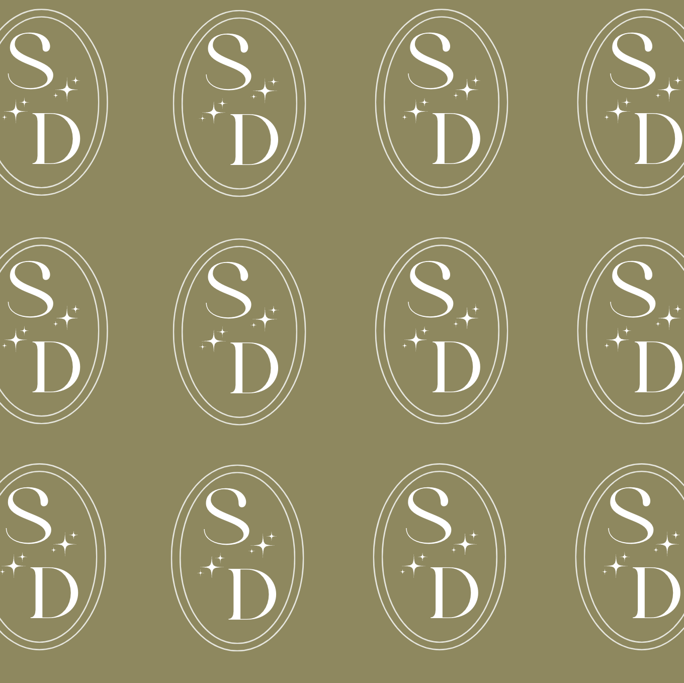 Pattern of repeated logo design with the initials S D inside an oval and decorative sparkle elements on a gold background.