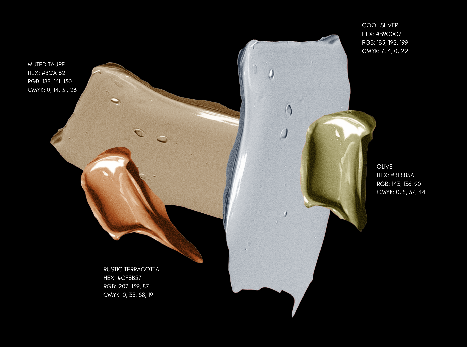 Swatches of metallic paints labeled muttered taupe, cool silver, olive, and rustic terracotta, with their color codes, RGB, HEX, and CMYK values, set against a black background.