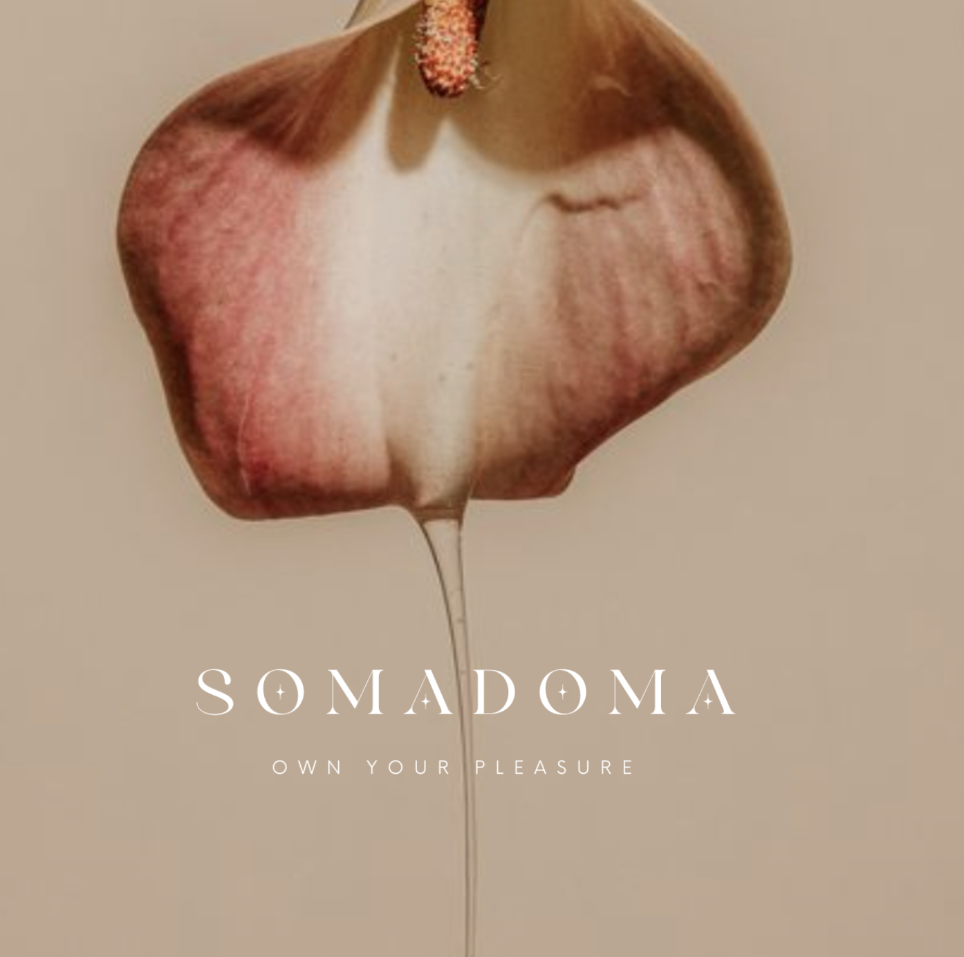 A close-up of a pink and beige flower with a droplet of liquid hanging from it, with the text 'SOMADOMA OWN YOUR PLEASURE' overlaid at the bottom.