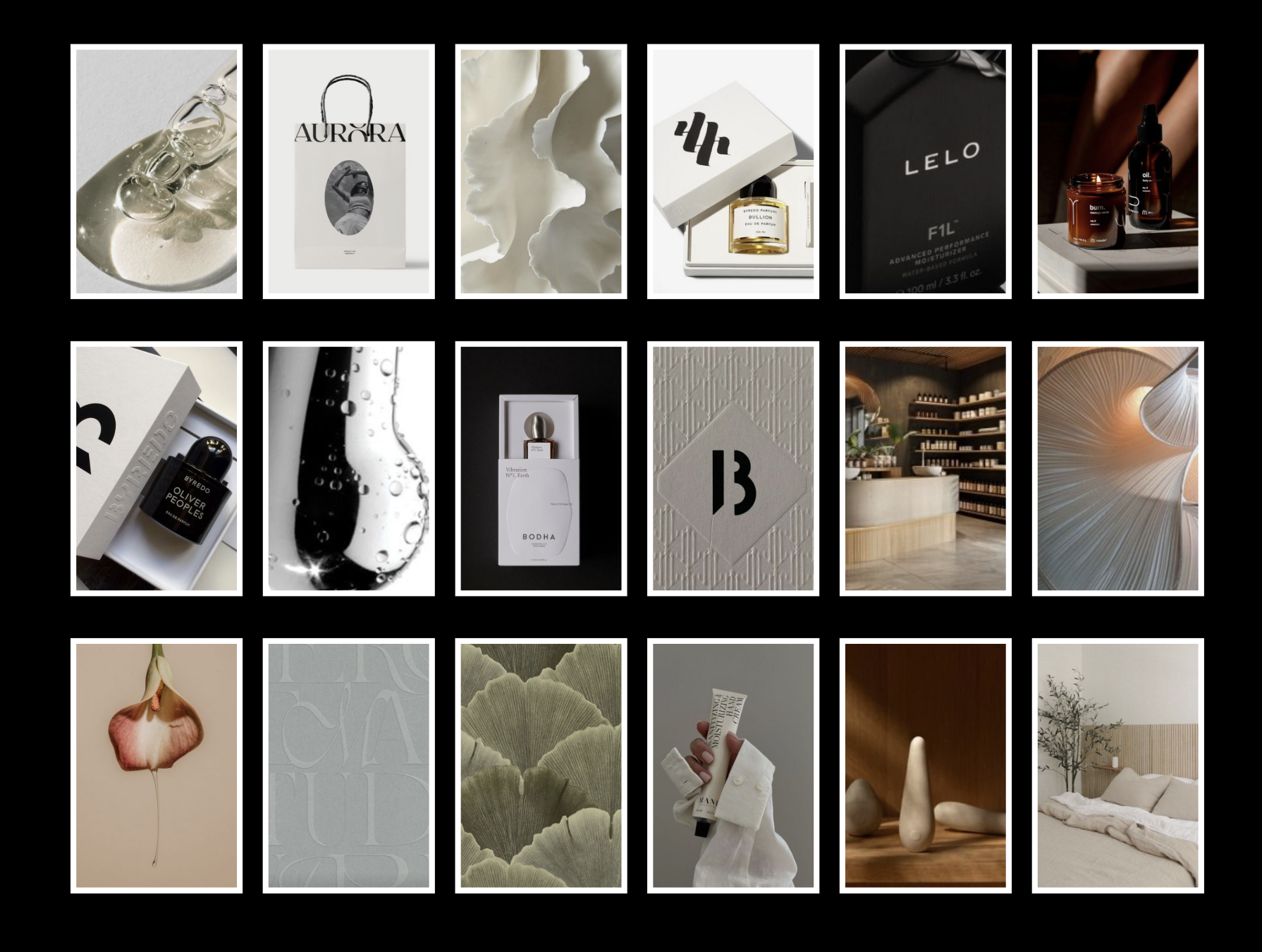 Collection of minimalist and artistic lifestyle and interior design images, including skincare products, packaging, abstract textures, and a bedroom scene.