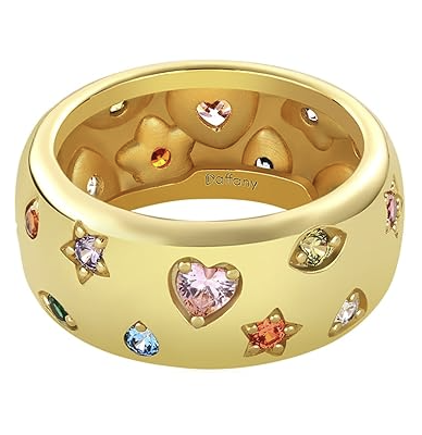gold ring decorated with colorful heart and star-shaped gemstones.