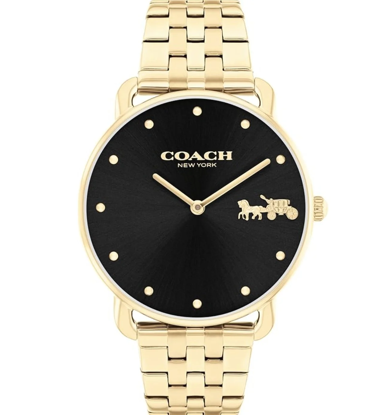 Gold Coach wristwatch with black dial, gold markers, and a horse and carriage logo at 4 o'clock