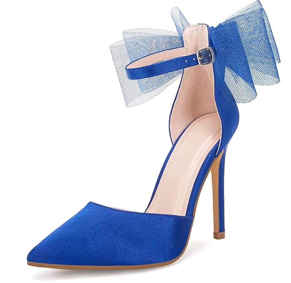 A blue high-heeled shoe with a pointed toe, decorated with a large blue bow made of mesh material around the ankle strap.