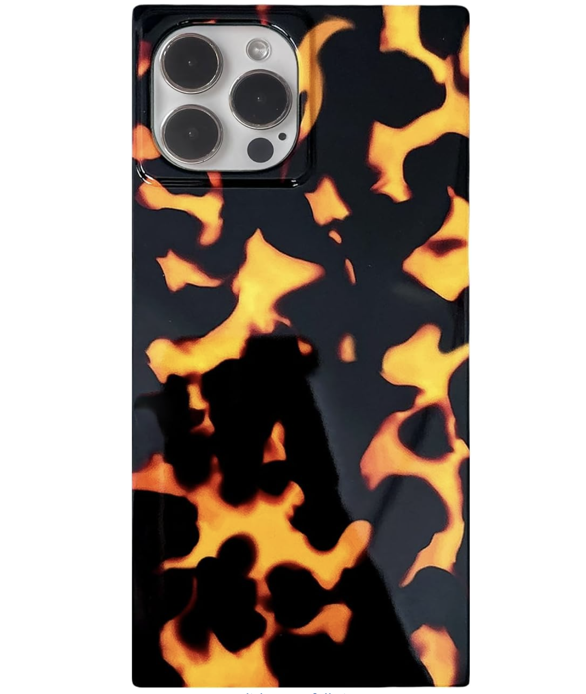 A smartphone with a leopard print phone case featuring black and orange spots.