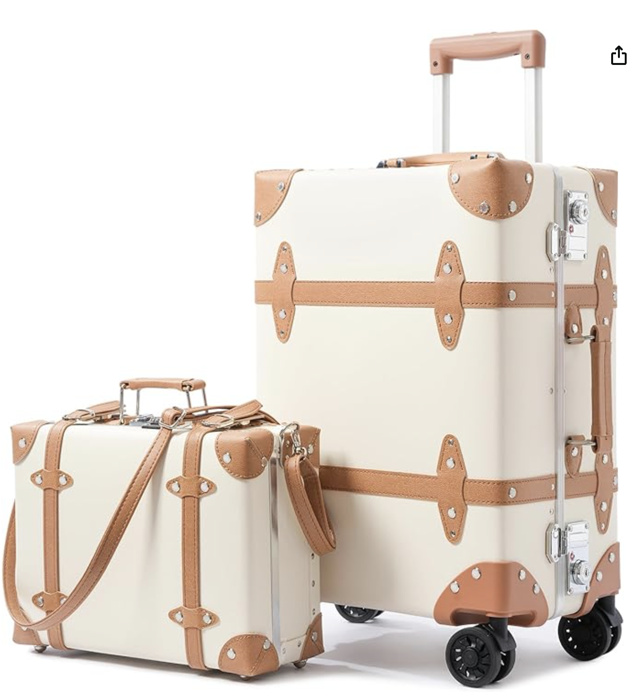 Two vintage style suitcases with cream-colored bodies, tan leather straps, corners, and handles, one on wheels and one without, set against a plain white background.