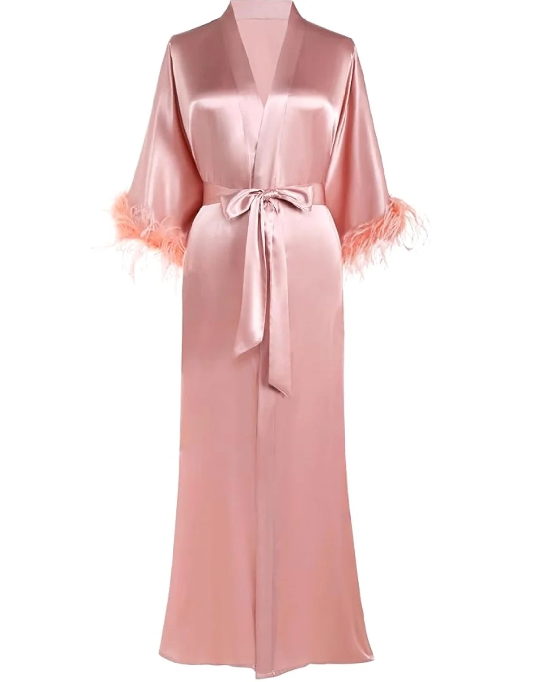 Pink satin robe with feathered trim on sleeves and a tied waist.