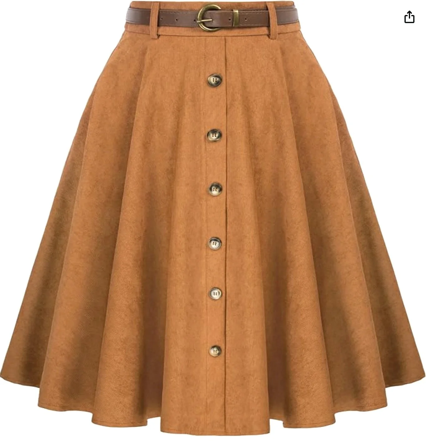 A tan, ankle-length skirt with front buttons, a high waist, and a brown belt with a gold buckle.