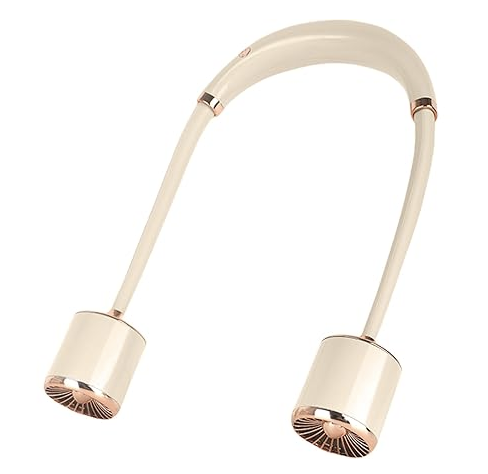 A beige-colored portable neck fan with dual circular air vents at each end.