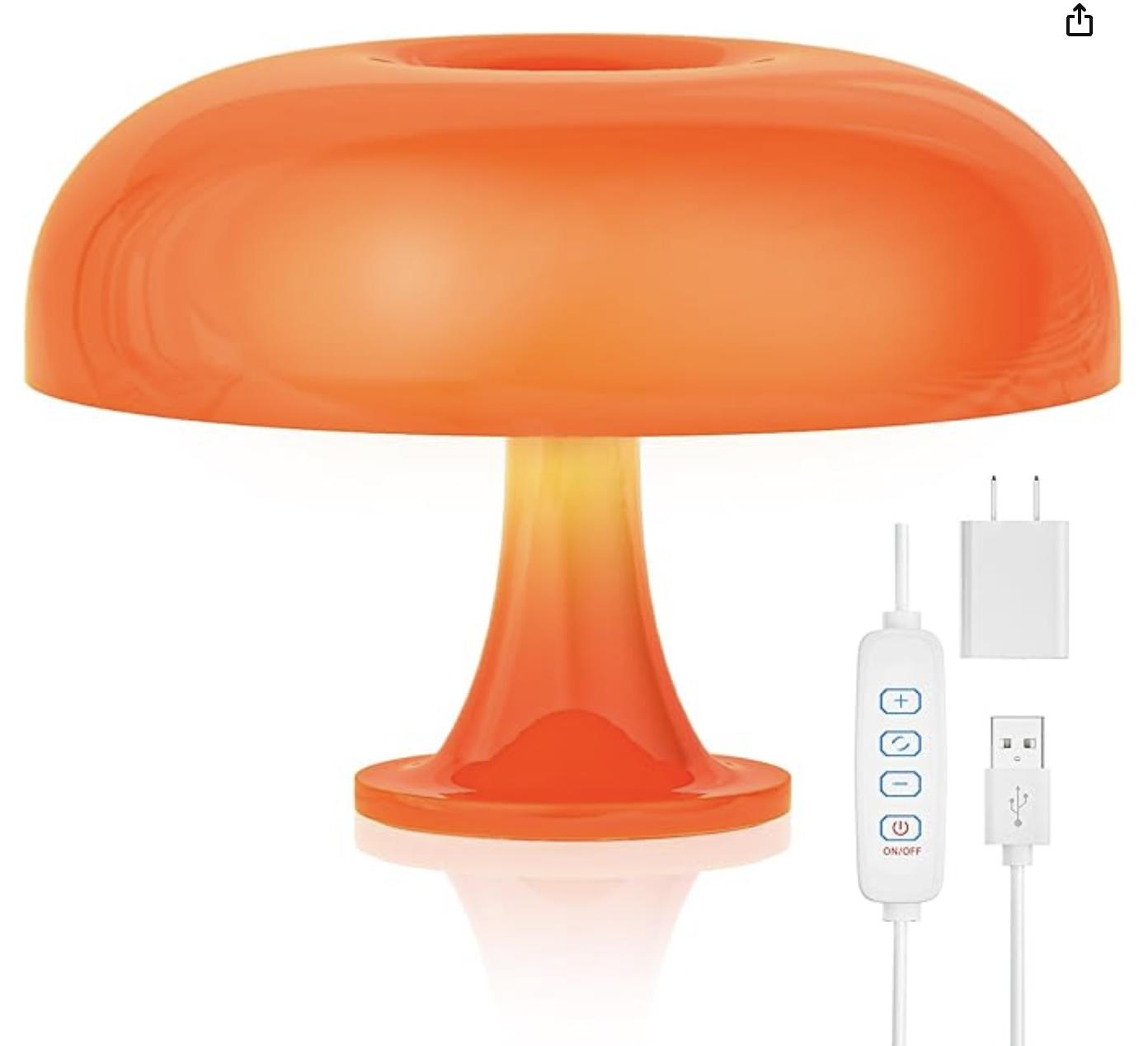 Orange mushroom-shaped lamp with remote control, power adapter, and USB cable.