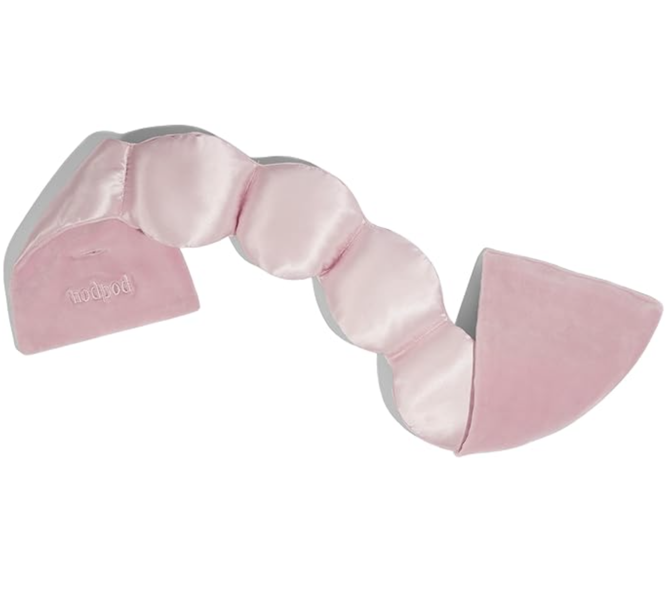 A pink satin sleep mask with a soft, padded design and an elastic strap.