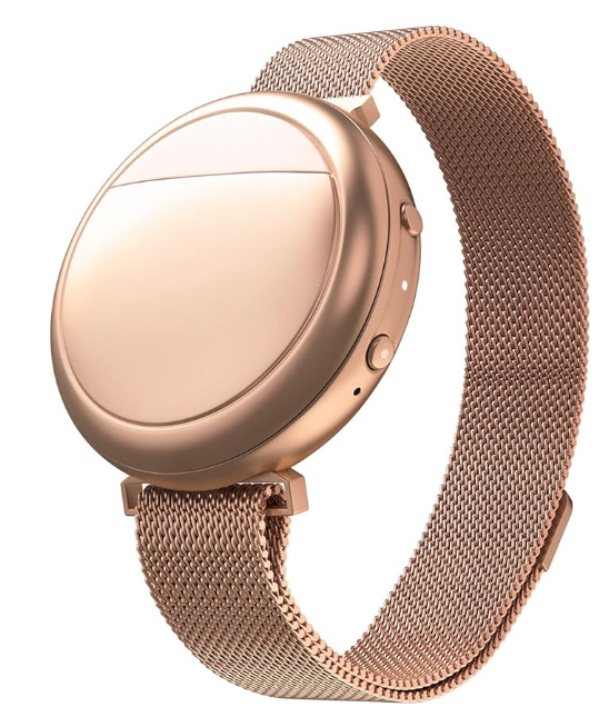 Rose gold smartwatch with a mesh band.
