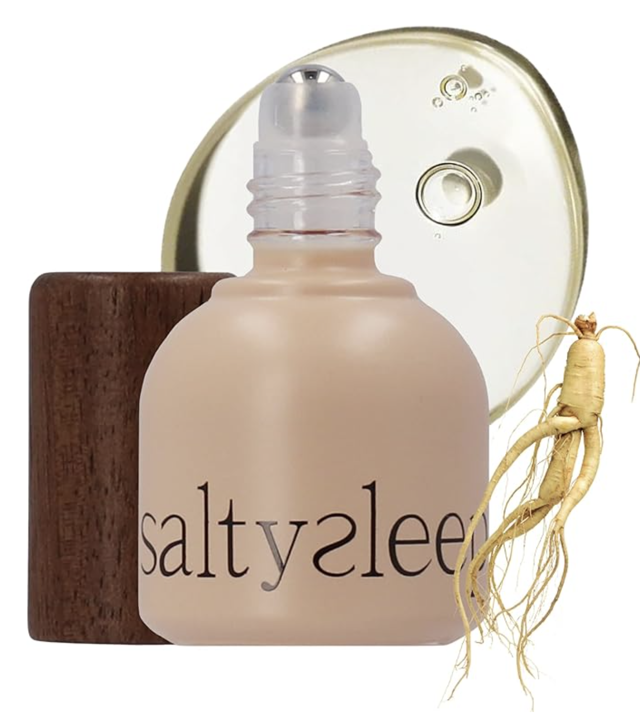 Salt therapy diffuser with a ginseng root, a wooden block, and a salt rock, set against a white background.