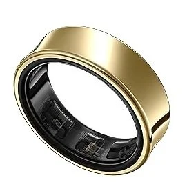 Close-up of a black and gold smart ring with a sleek design.