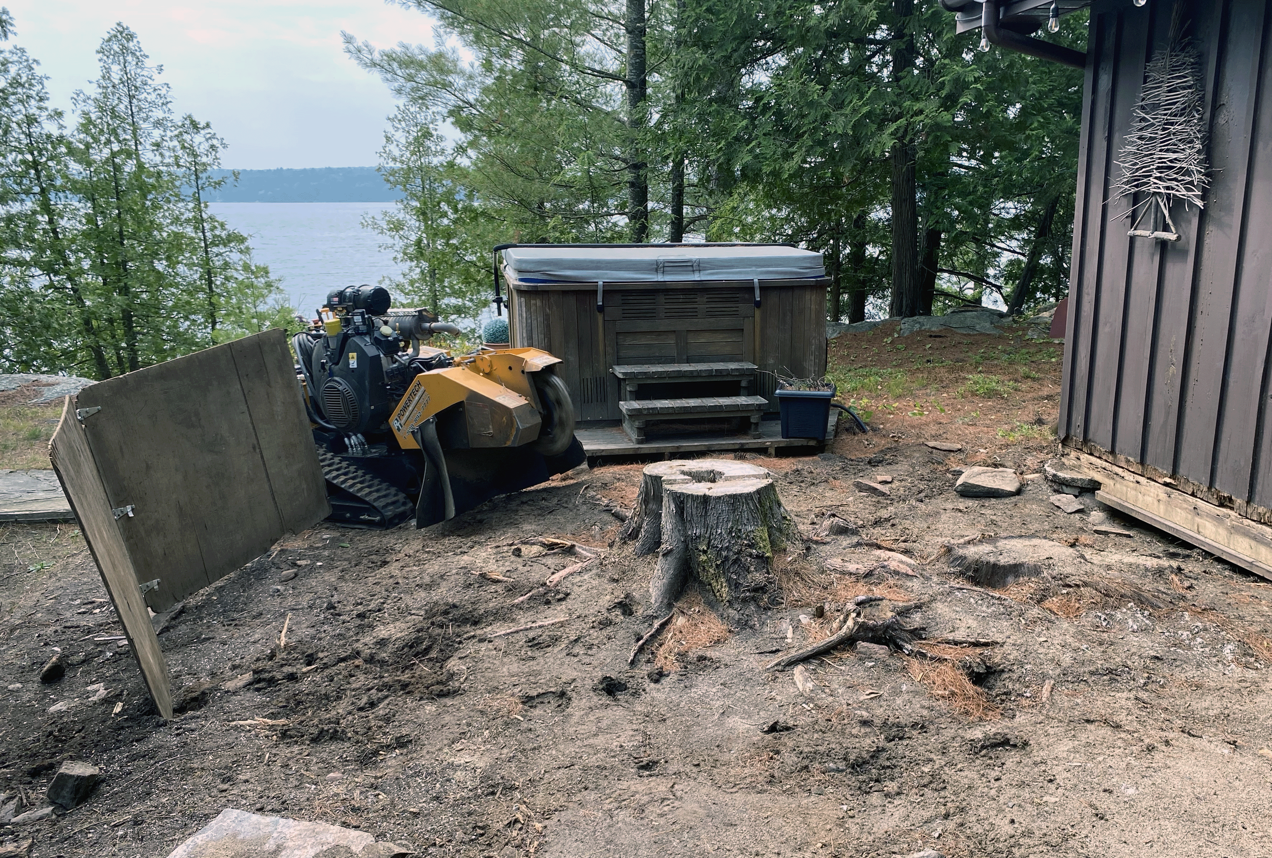 A backyard scene near a lake with a tree stump in the foreground, a hot tub, a mini tracked excavator, and a shed, surrounded by trees and a view of water in the background.