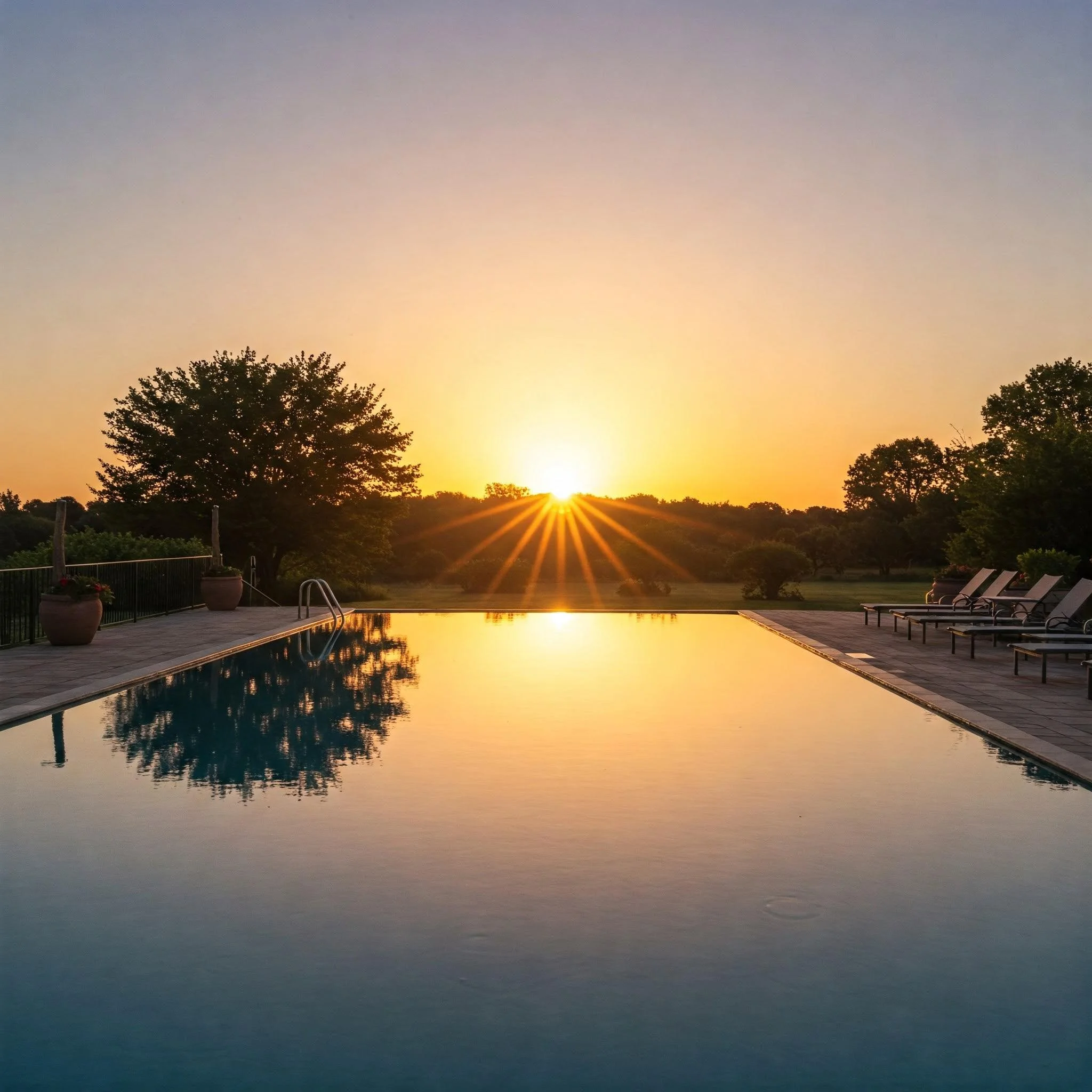 Sunset over a backyard pool with lounge chairs and trees in the background.