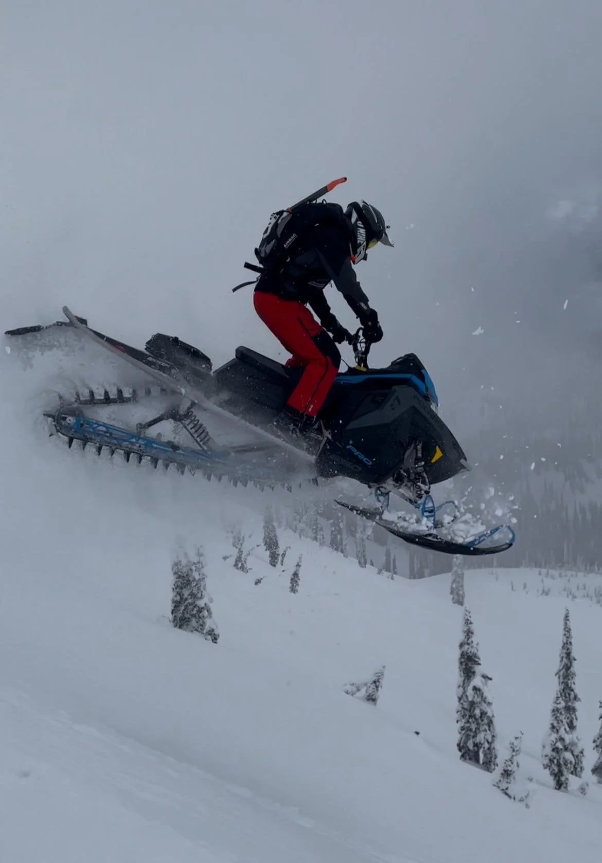 A person riding a snowmobile in a snowy, mountainous landscape with trees and cloudy sky in the background.