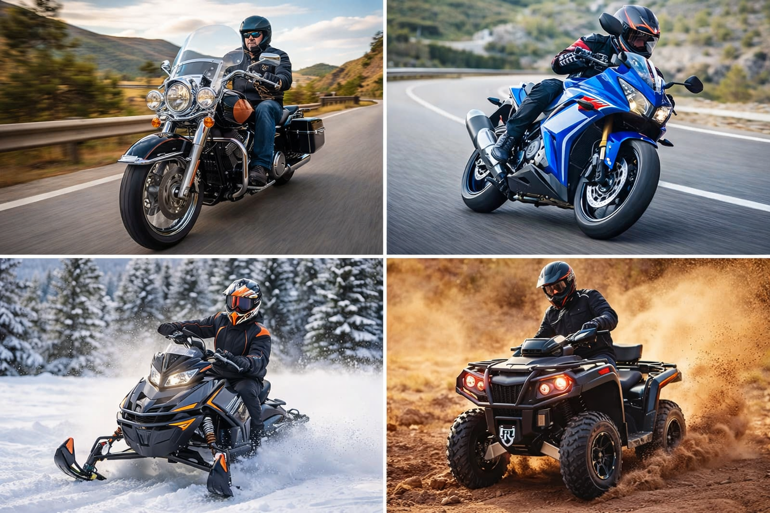 A collage of four different types of motorized vehicles: a person riding a classic cruiser motorcycle on a highway, a person riding a sport motorcycle on a winding road, a person riding a snowmobile through snow, and a person riding an all-terrain vehicle (ATV) through dirt.