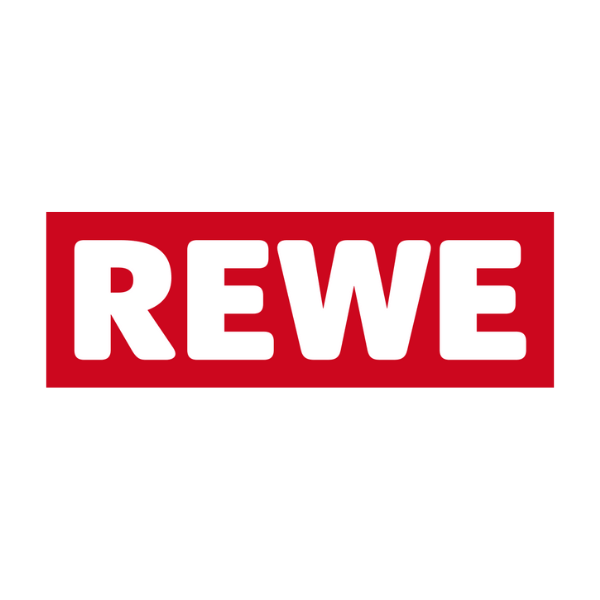 Rewe Logo mit rotem Hintergrund und weißen Buchstaben
