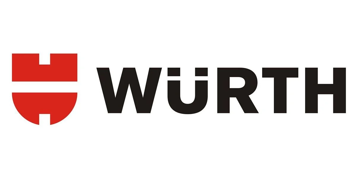 Das Bild zeigt das Logo der Marke Würth, bestehend aus einem roten stilisierten Schild und schwarzen Buchstaben, die den Markennamen 'WÜRTH' bilden.