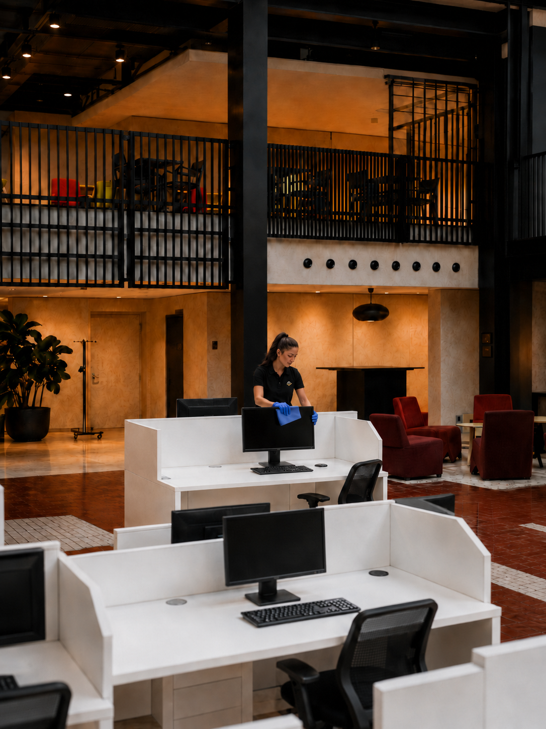 Ein Mitarbeiter bei der Reinigung eines modernen Empfangsbereichs mit weißen Schreibtischen, schwarzen Computern und roten Sessel im Hintergrund, einer zweiten Etage mit Sitzbereichen und einem Lichtdesign an der Wand.