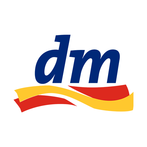 Logo von dm, einem deutschen Drogeriemarkt, mit blauen Buchstaben 'dm' und einer gelb-roten Welle darunter.