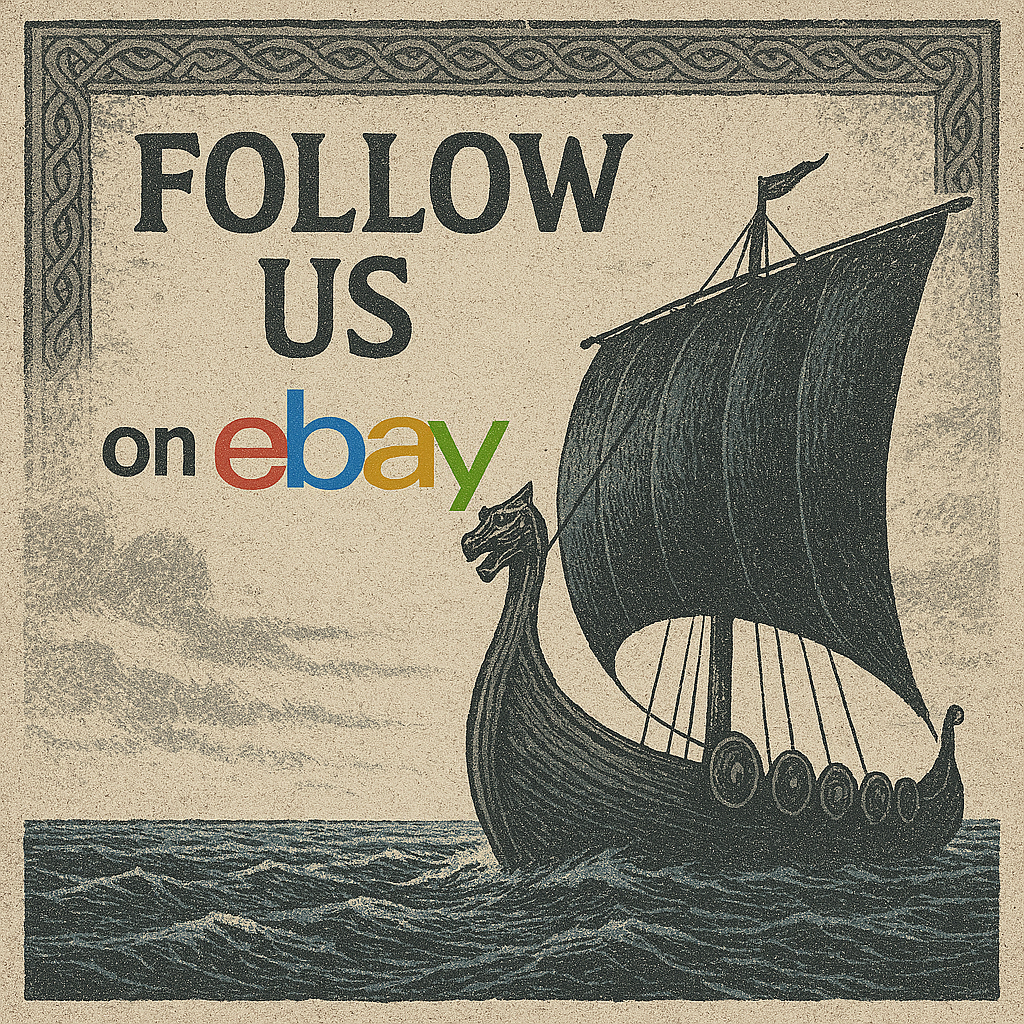 A vintage-style illustration of a Viking ship with a dragon head on the prow, sailing on the sea, accompanied by text encouraging to follow on eBay.