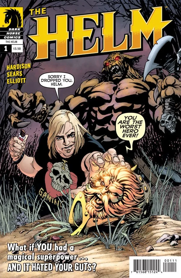 Comic book cover titled "The Helm" featuring a muscular monster with horns and red eyes, holding a large axe, behind two characters and a lion head with a collar, set in a dark forest scene. One character is a blond woman with a black shirt and a skull emblem, holding a sword and a small object, with speech bubbles saying, "Sorry I dropped you, Helm" and, "You are the worst hero ever!". A subtitle at the bottom reads, "What if YOU had a magical superpower... AND IT HATED YOUR GUTS?"