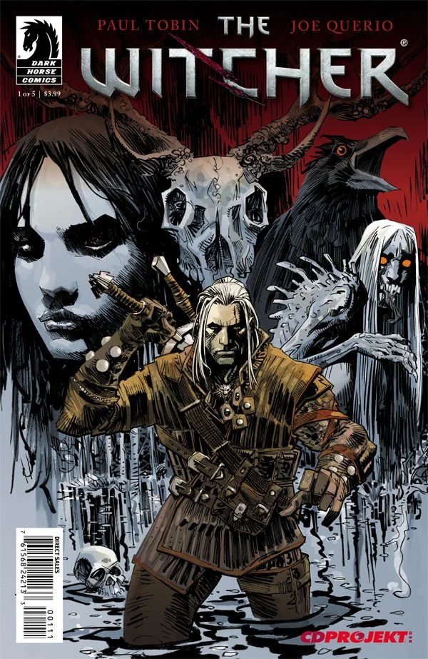 Cover of a comic book titled 'The Witcher,' featuring a warrior with a sword, surrounded by eerie faces, skulls, and fantastical creatures in a dark, forested setting.