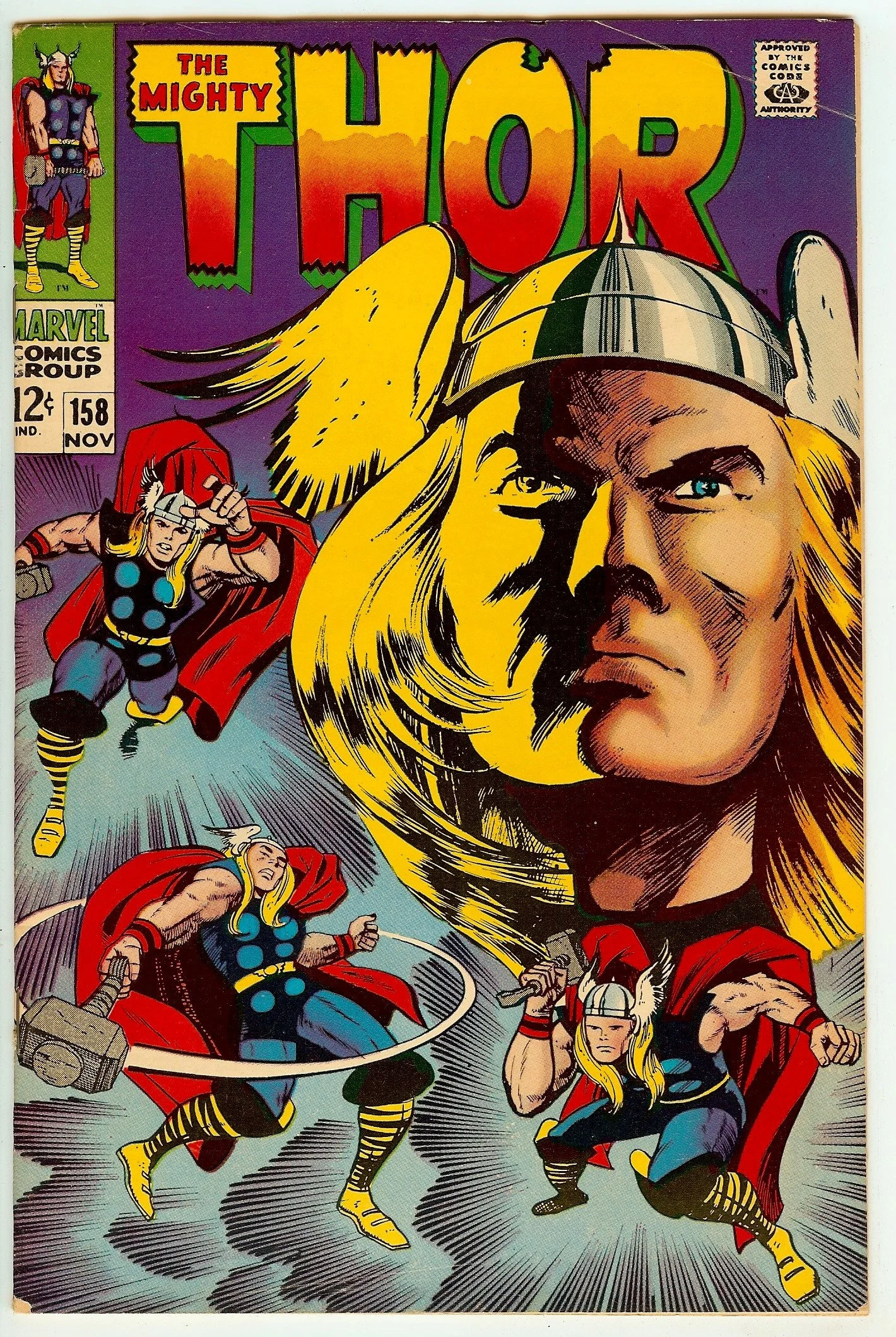 Cover of The Mighty Thor comic book issue 158 featuring Thor with long blonde hair, a winged helmet, and a serious expression, surrounded by three smaller images of Thor in action, wielding his hammer.