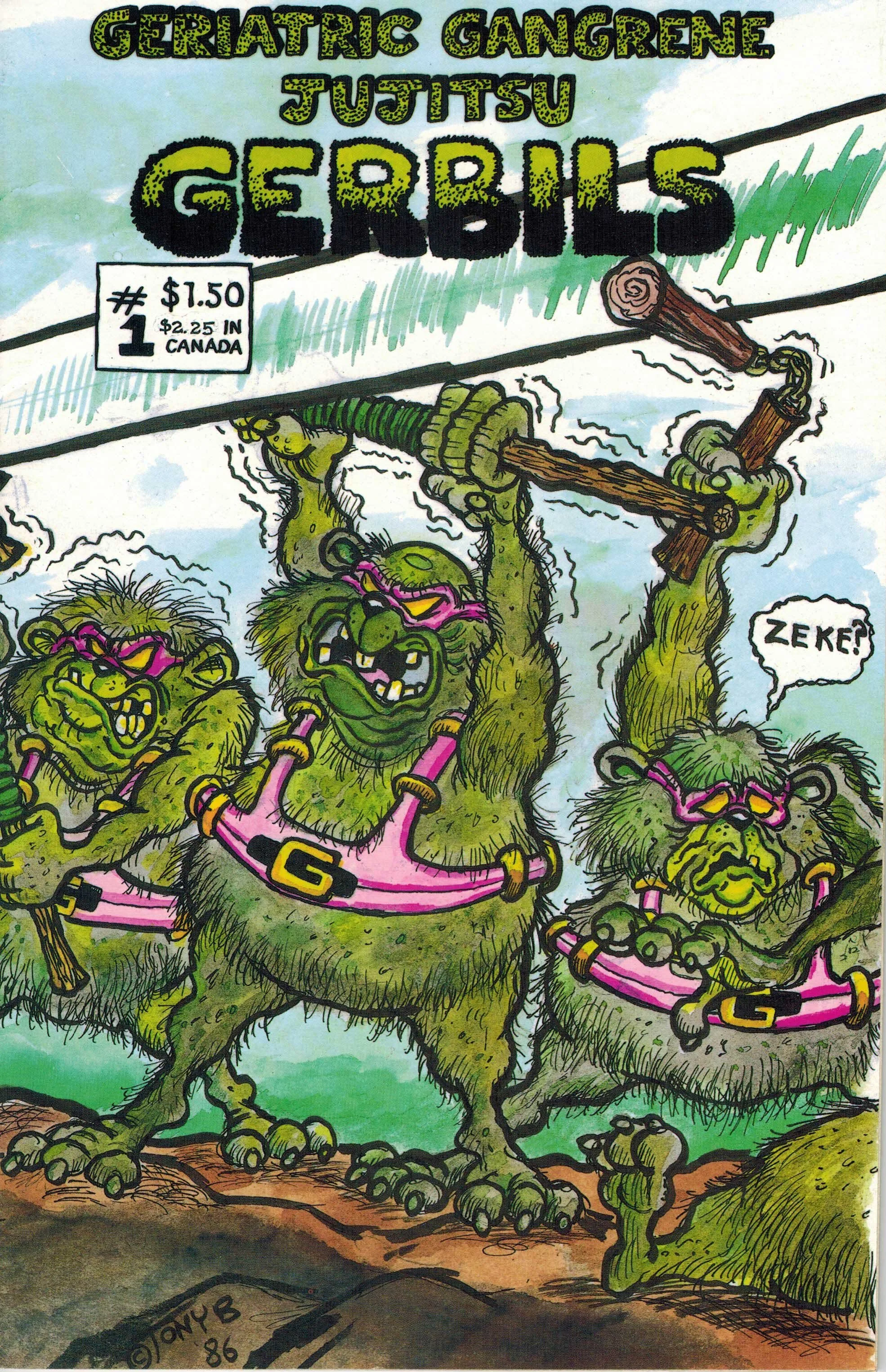 Drawing of three green, furry monsters with pink sunglasses and collars, participating in a tug-of-war with a wooden stick, against a cloudy sky background. One monster is shouting 'Zeke!'