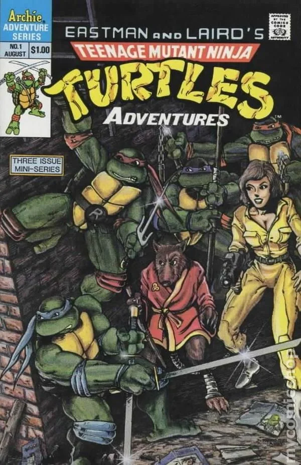 Cover of Teenage Mutant Ninja Turtles Adventures comic, featuring the turtles with characters April O'Neil, splinter, and others in a dark, alleyway setting.
