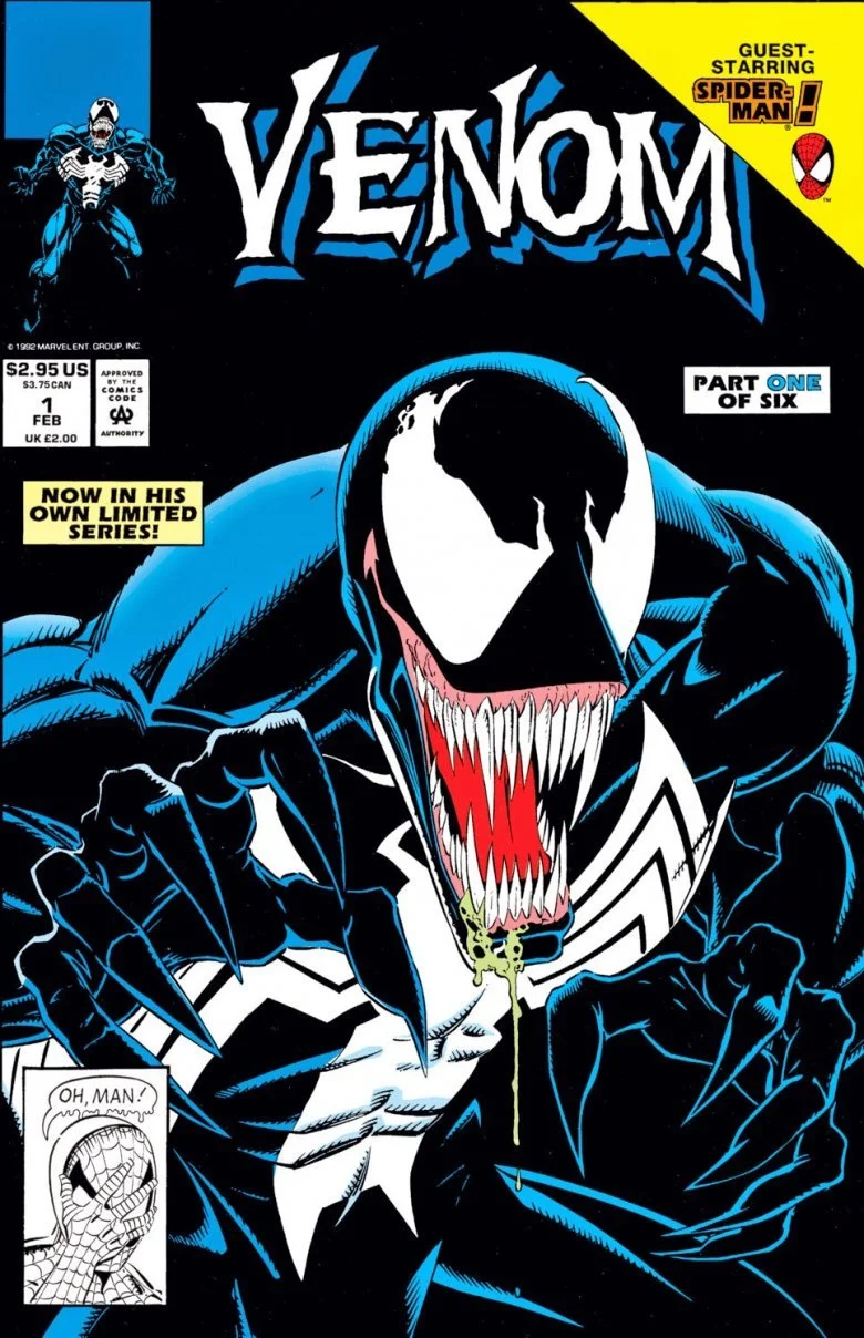 Comic book cover of Venom featuring Venom with a large, sharp-toothed mouth, tongue hanging out, and dripping saliva. The Venom character is black with white spider symbols on the chest and face. The cover includes Spider-Man's head in a small inset with the text "Oh, man!" and a label indicating this is part one of six in a limited series. The price is $2.95 in the U.S. and £2.00 in the UK.