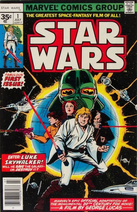 Cover of the first issue of Star Wars comic book by Marvel Comics, featuring Luke Skywalker in a white outfit wielding a lightsaber in front of Darth Vader's mask, with X-wing fighters and TIE fighters in space behind them.